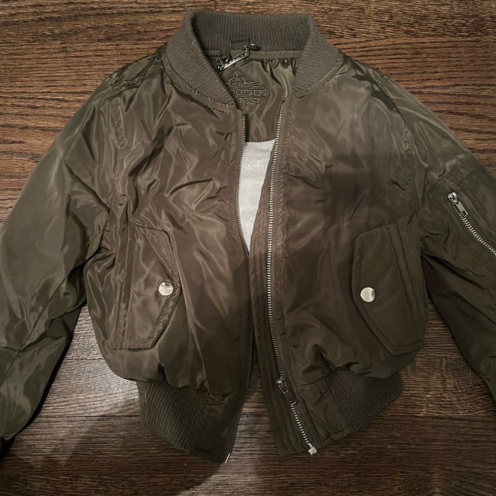 Army green girls bomber jacket, fur inside